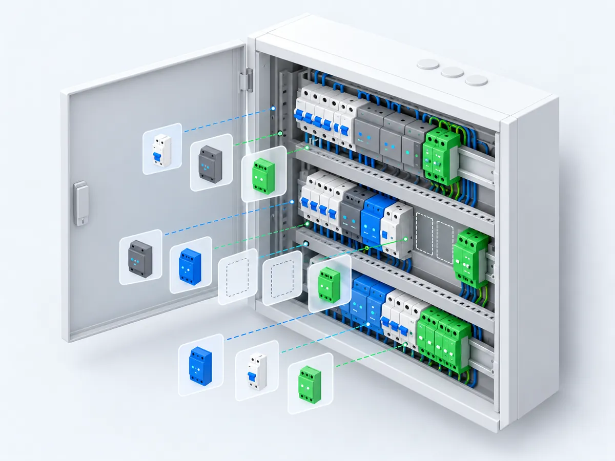An open distribution cabinet with neatly populated DIN rails and empty spare slots