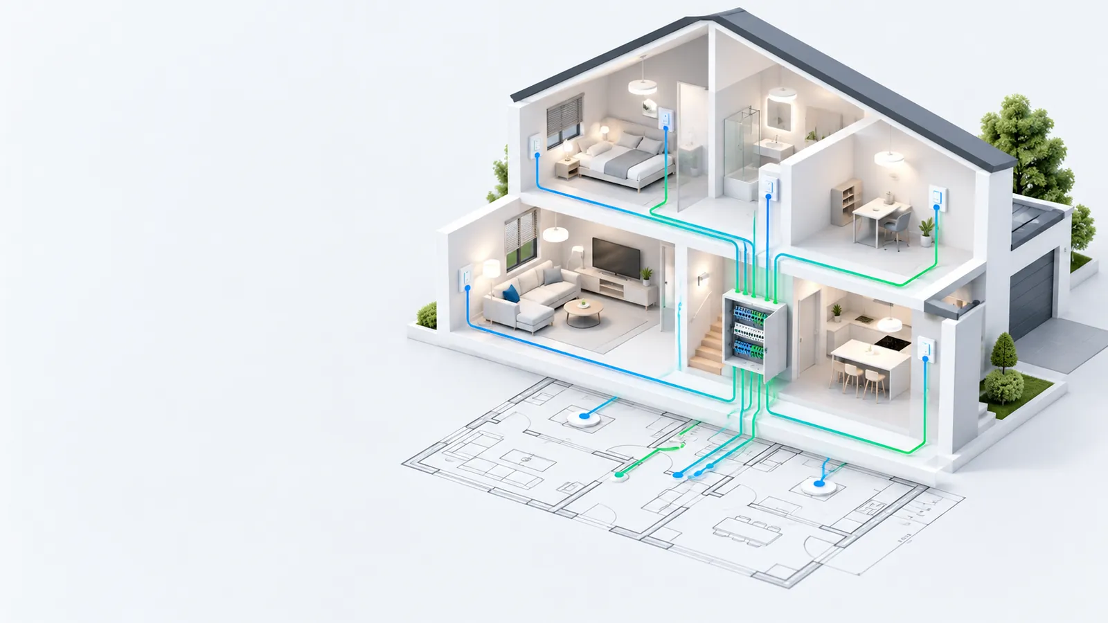 Isometric view of a single-family house whose rooms are wired to the distribution cabinet