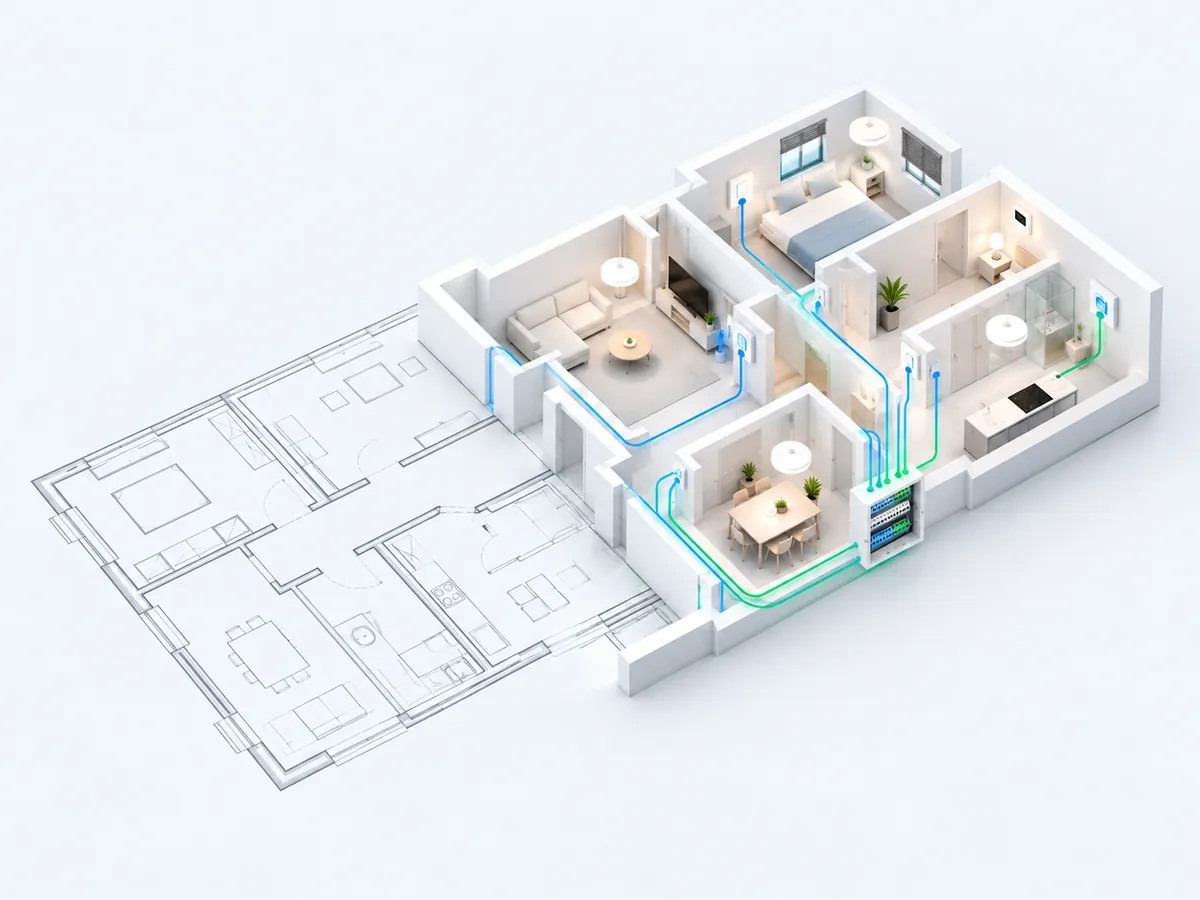 A floor plan turning from a CAD drawing into fully planned rooms with keypads, lights and blinds