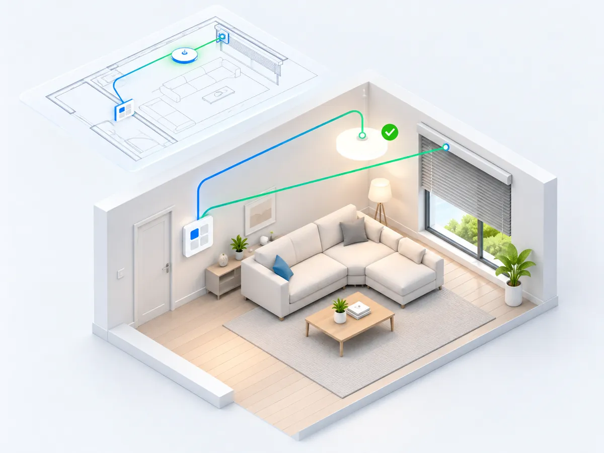 A living room where a keypad controls light and blind, with a digital simulation of the same room above it