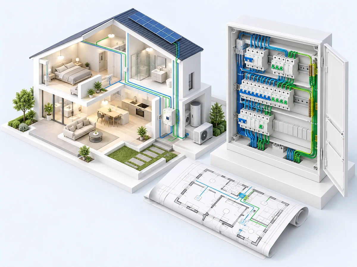 Geordneter Elektroverteiler mit modularen Geräten und Verbindung zum Hausgrundriss