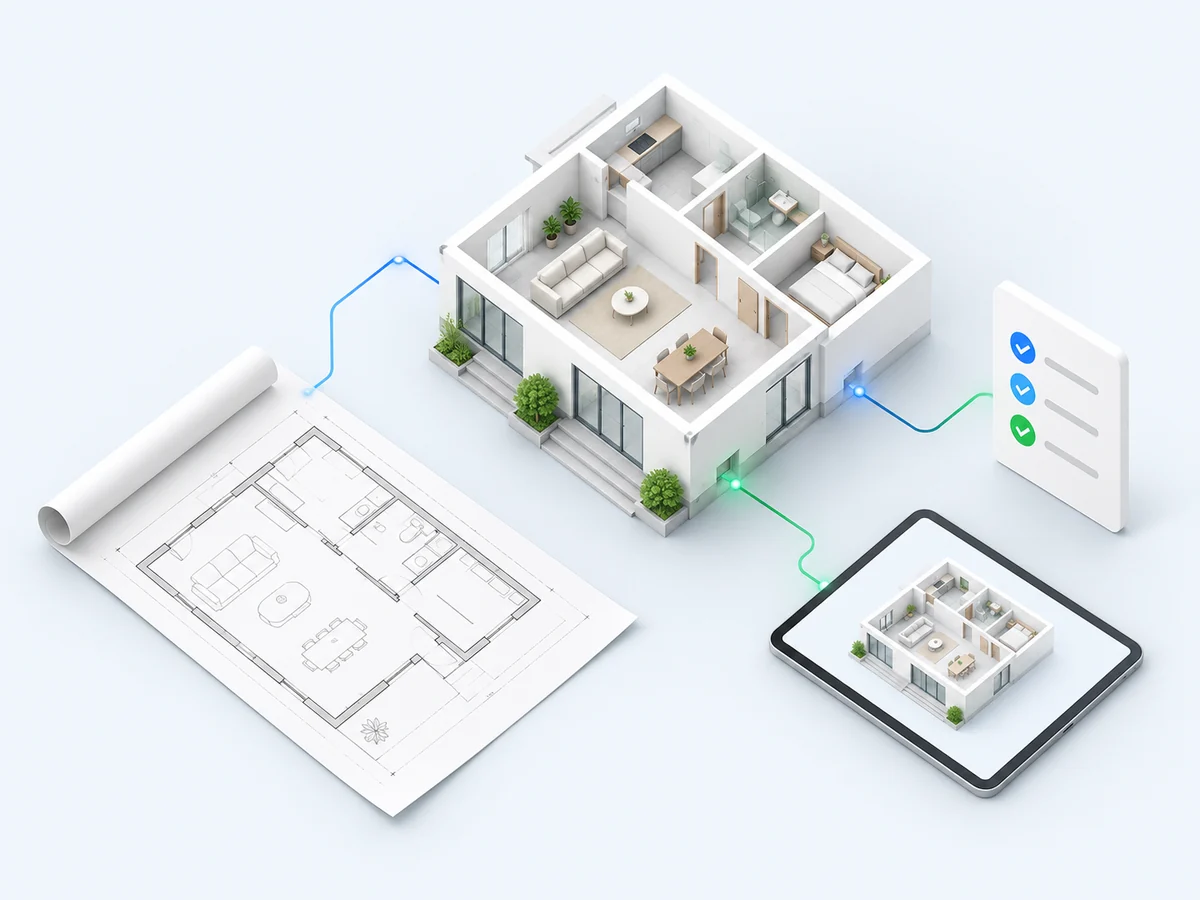 Grundriss, digitales Hausmodell und Anforderungsliste als gemeinsame Projektgrundlage