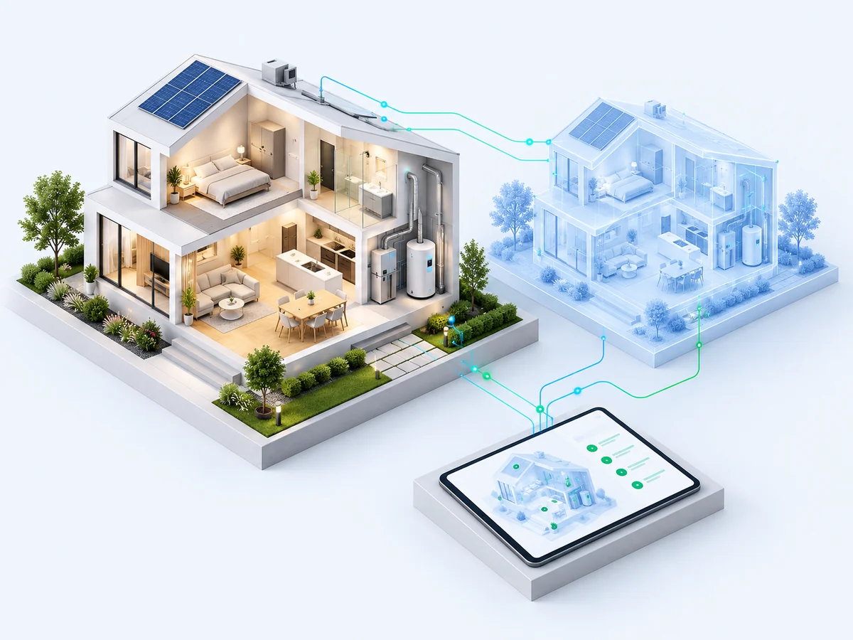 Fertiges Smart Home neben seinem digitalen Zwilling und einer Statusanzeige