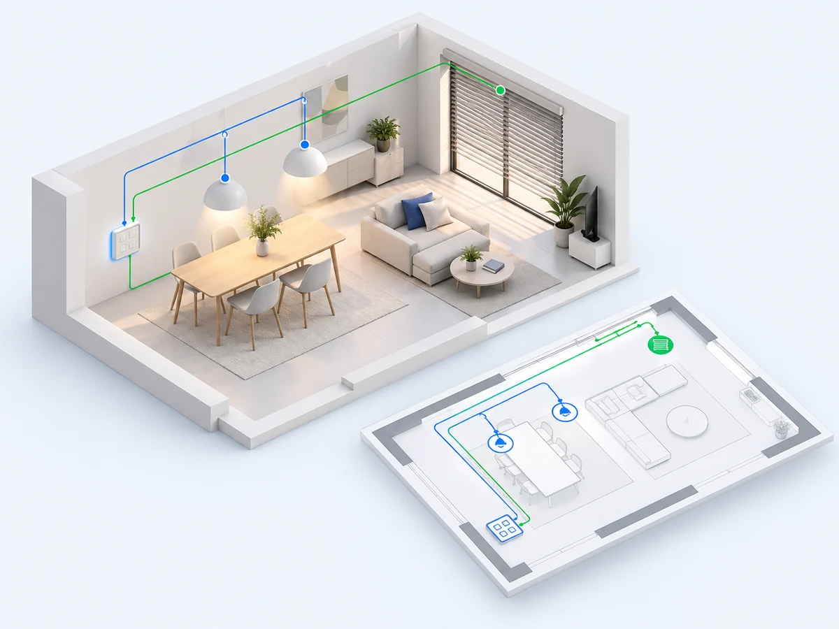 Wohnraum mit Leuchten, Beschattung und Taster, verbunden mit seiner digitalen Planung