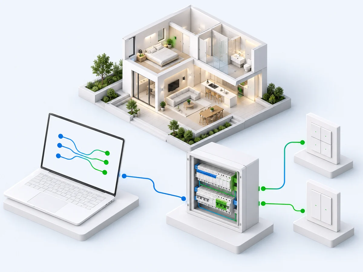 Laptop mit Datenverbindungen zu KNX-Verteiler und Wandtastern