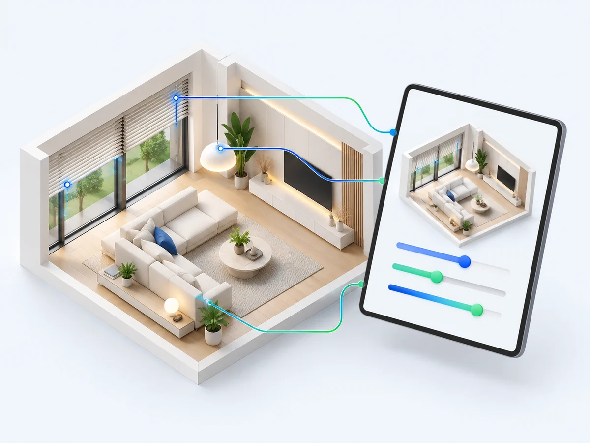 Digitales Bediengerät mit Wohnraummodell, Licht und automatischer Beschattung